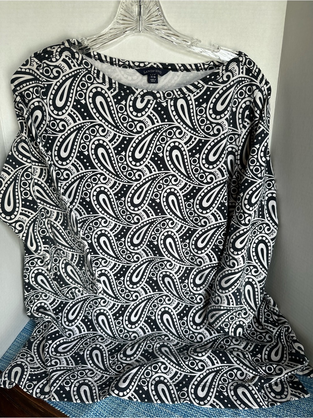 Lands' End Black and White Paisley Boatneck Tunic